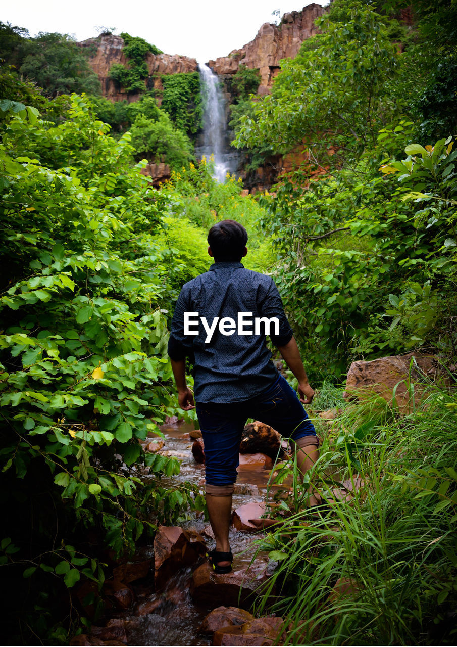 Rear view of man standing against waterfall