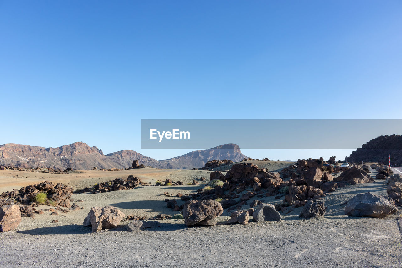 PANORAMIC VIEW OF DESERT AGAINST CLEAR SKY