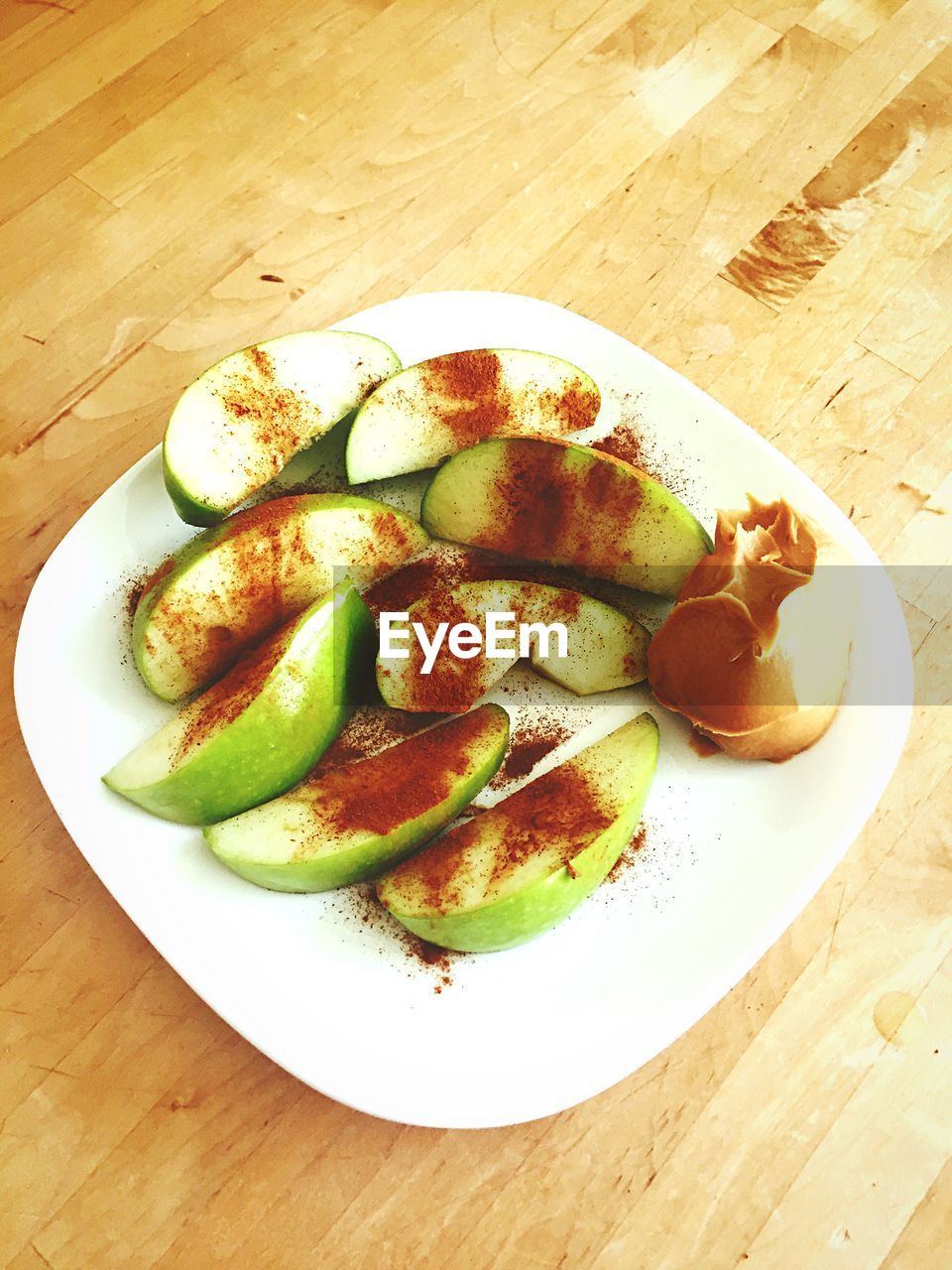 High angle view of fruits in plate on table