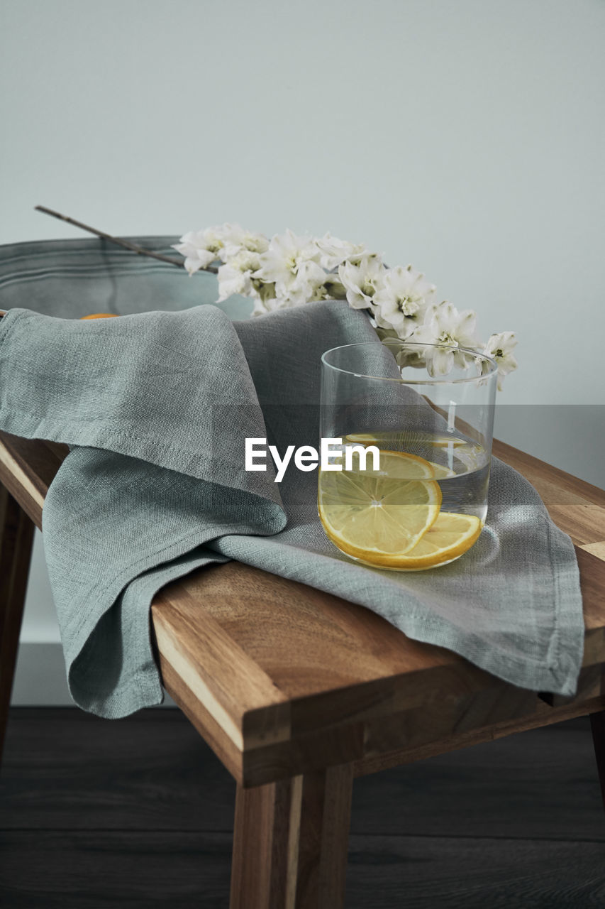 View of wooden table against clear sky