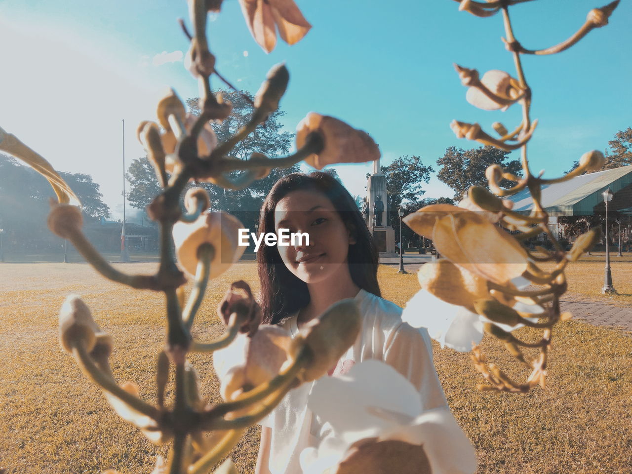 Portrait of teenage girl seen through flowers