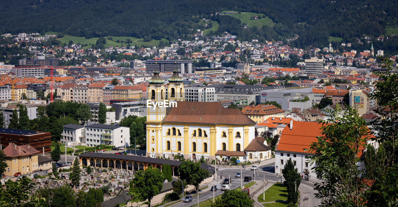 high angle view of buildings in town