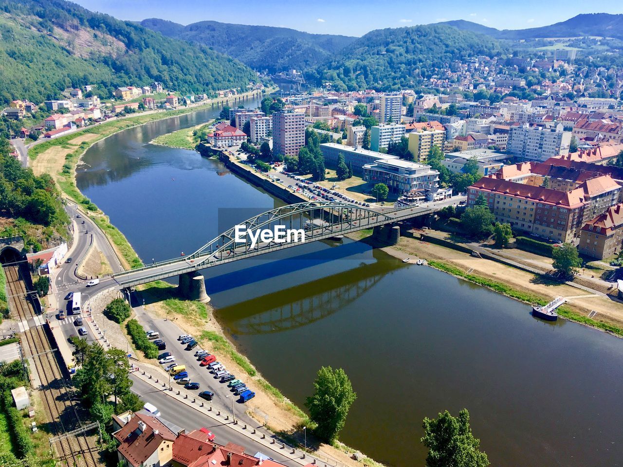 High angle view of river amidst buildings in city