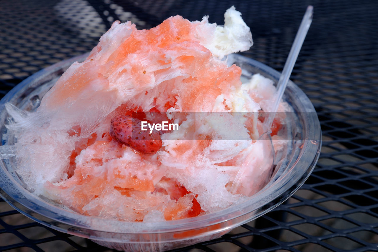 Close-up of shaved ice with strawberries
