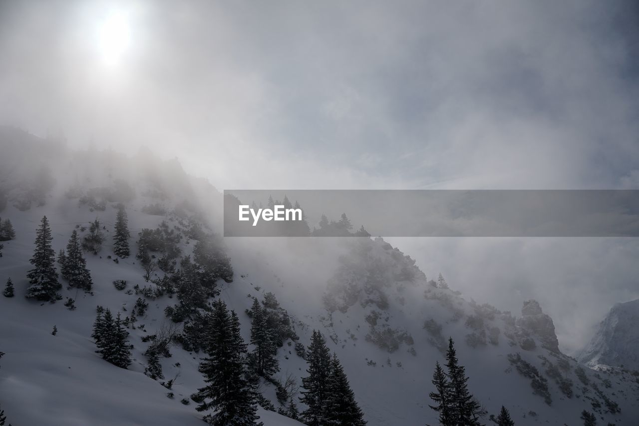 Scenic view of snow covered mountains against sky