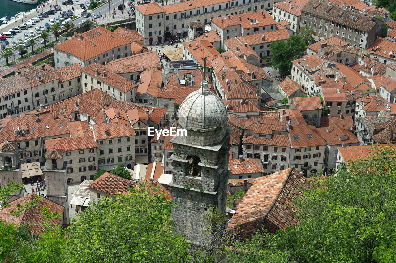 High angle view of buildings in city