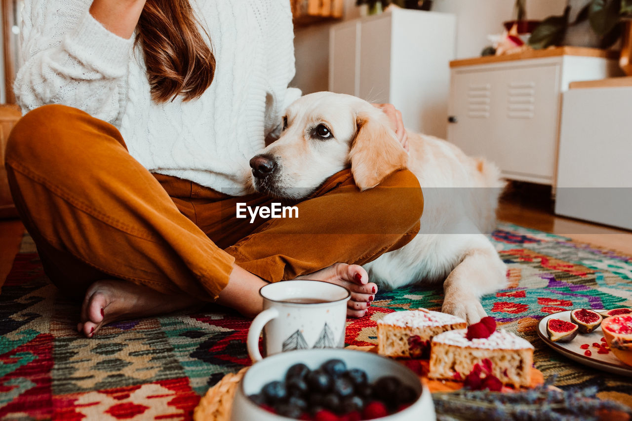 Low section of woman doing breakfast with dog at home