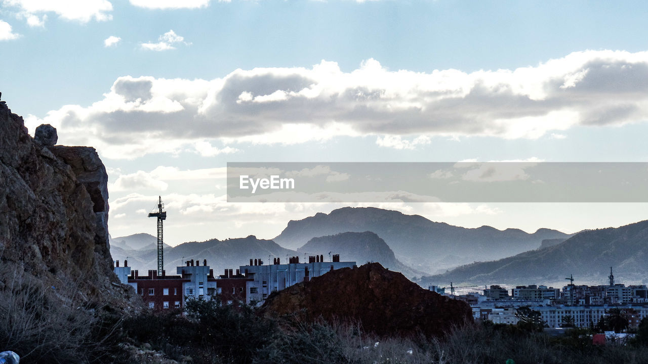 High angle shot of townscape against sky