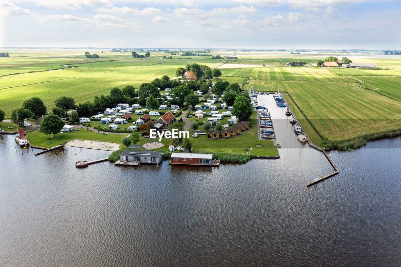 Aerial view on little harbor from oudega in the netherlands