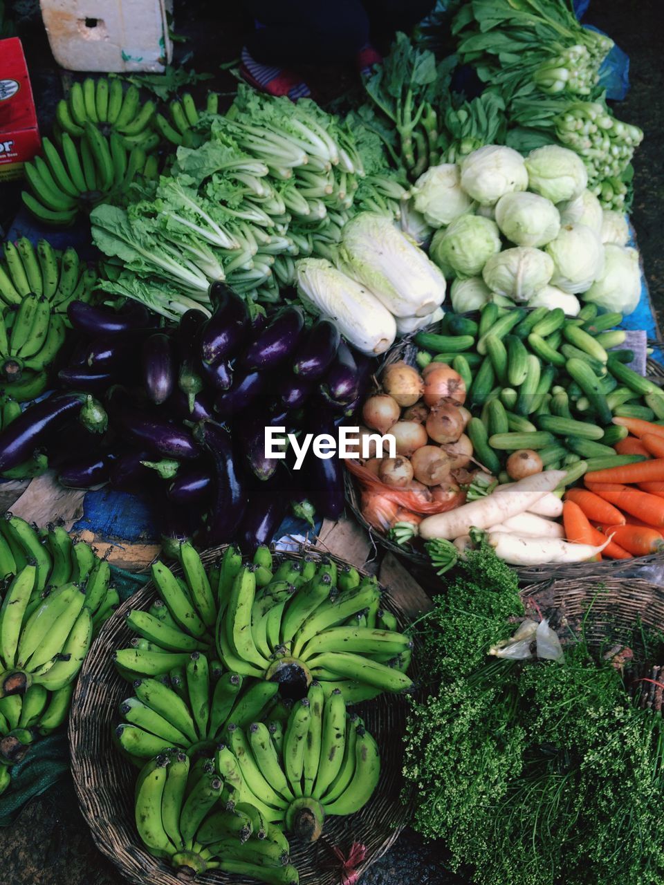 High angle view of vegetables at market for sale