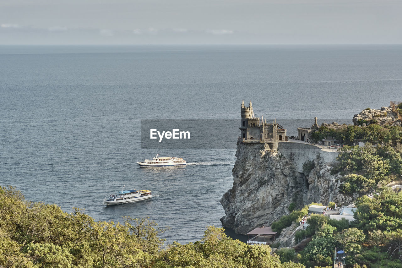 HIGH ANGLE VIEW OF SAILBOAT ON SEA