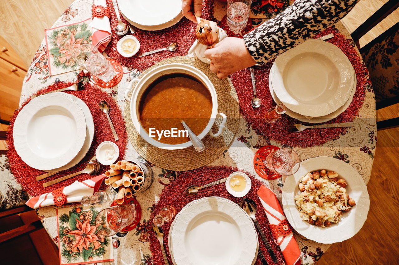 High angle view of food on table