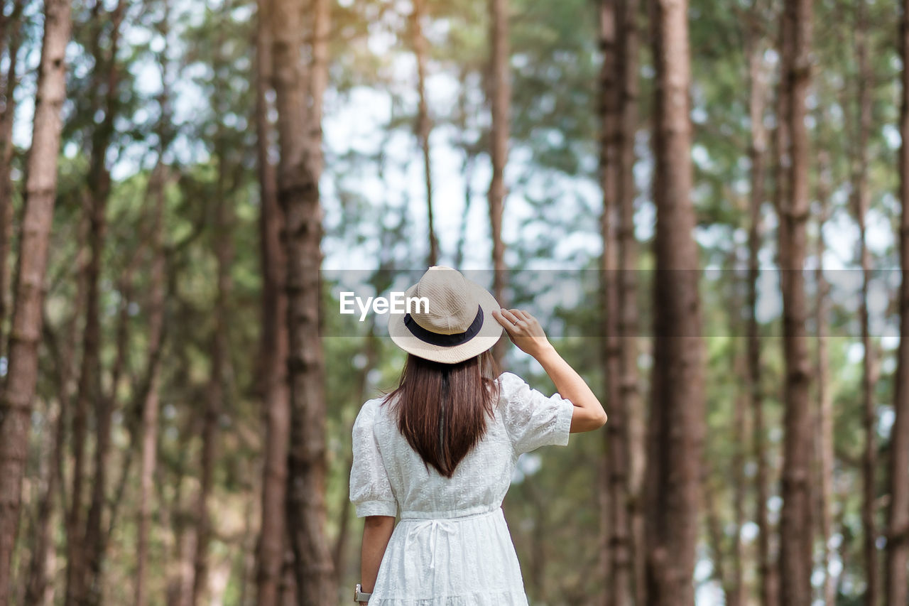 REAR VIEW OF WOMAN STANDING AGAINST TREES