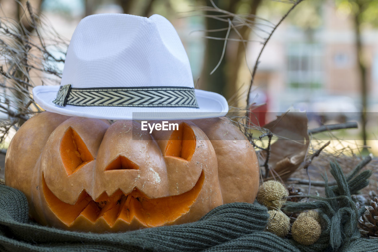 Close-up of pumpkin on table during halloween