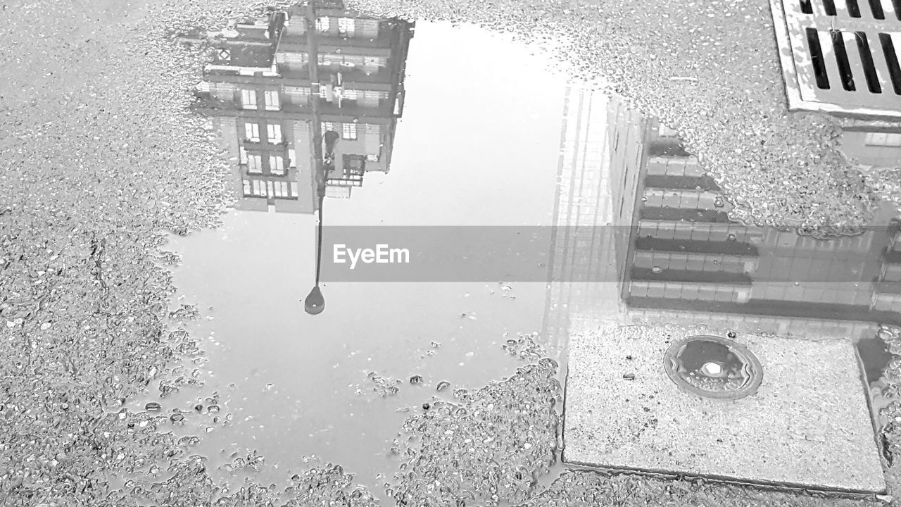 Reflection of buildings on puddle