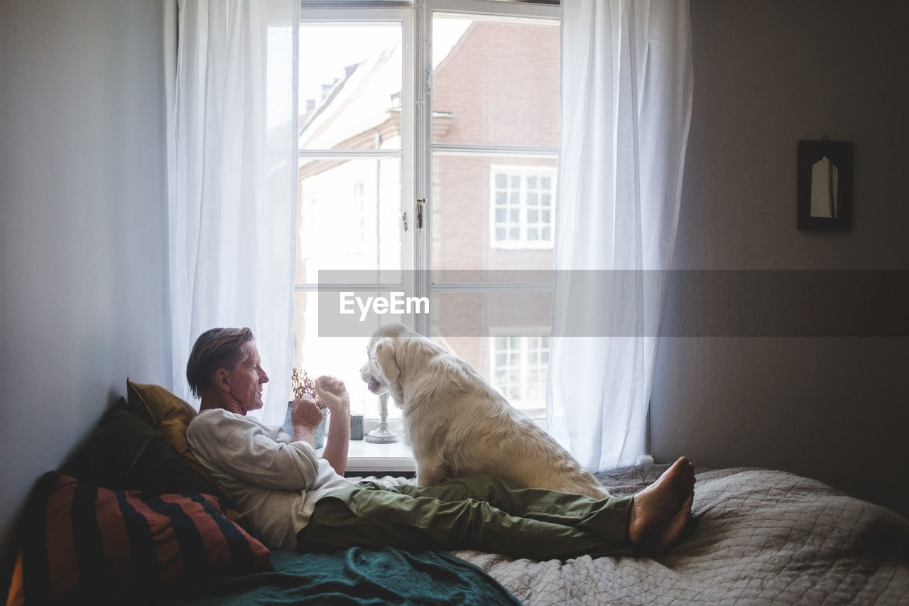 Senior man playing with dog while leaning on bed by window at home