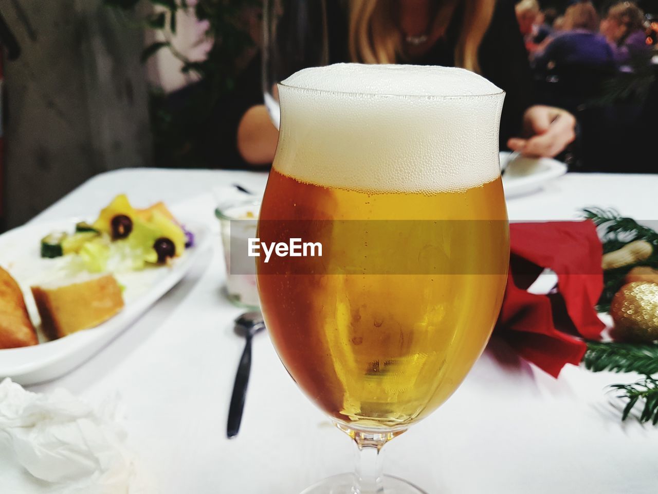 Close-up of beer in glass on table