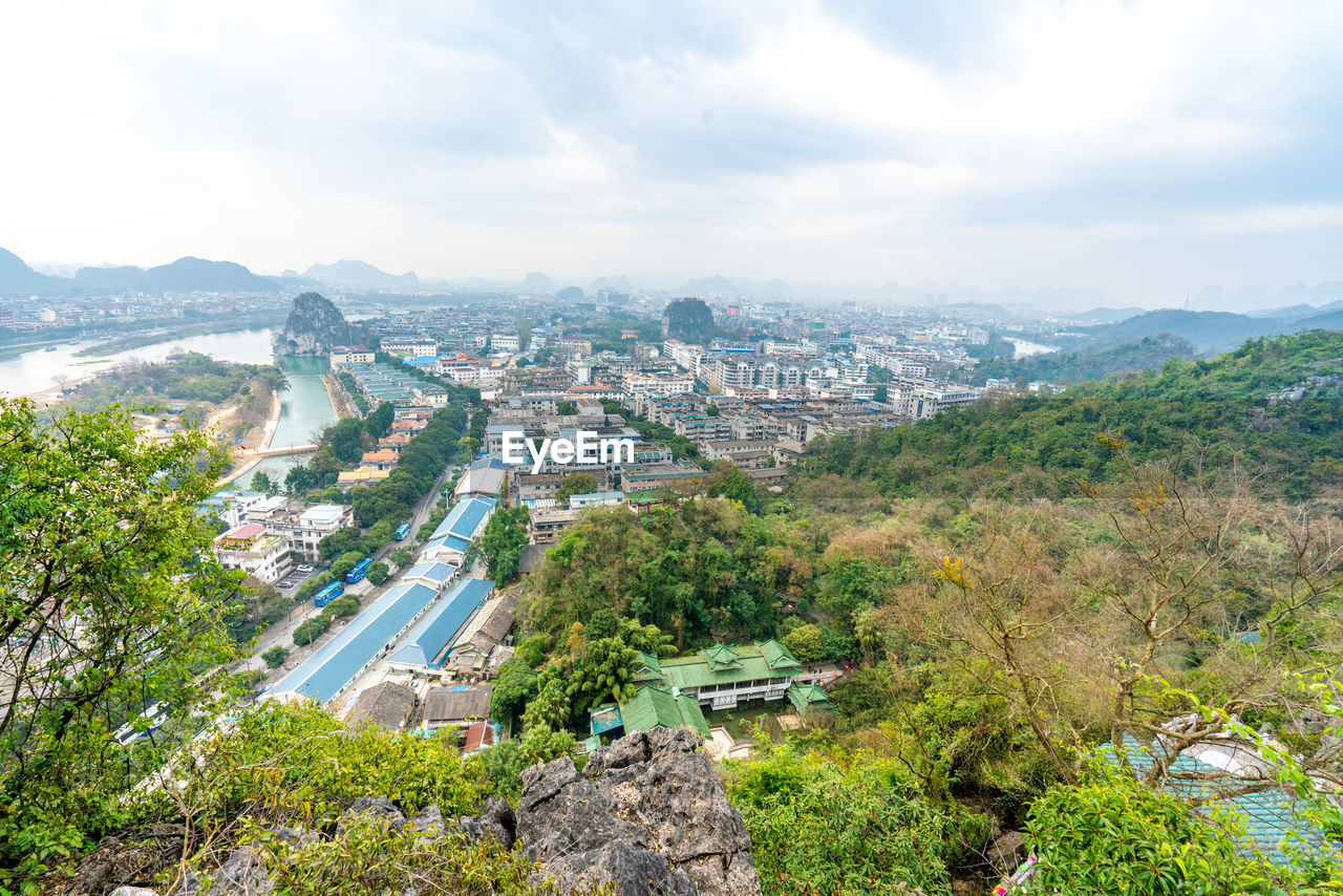 High angle view of townscape against sky