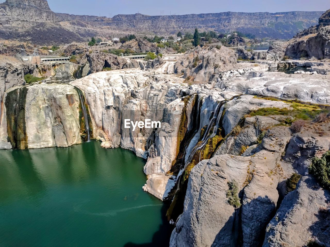 High angle view of rock formations at low flow waterfall