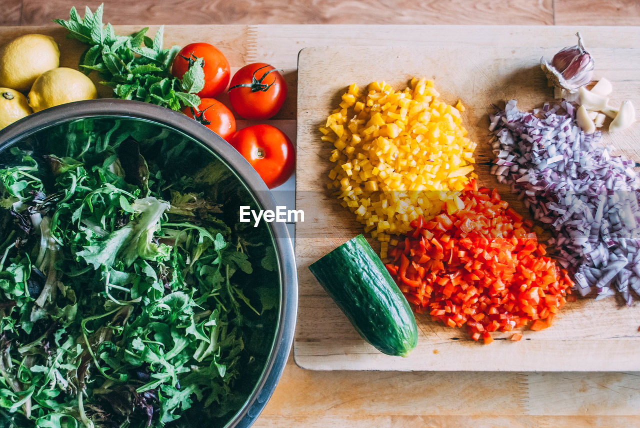 High angle view of chopped vegetables on table