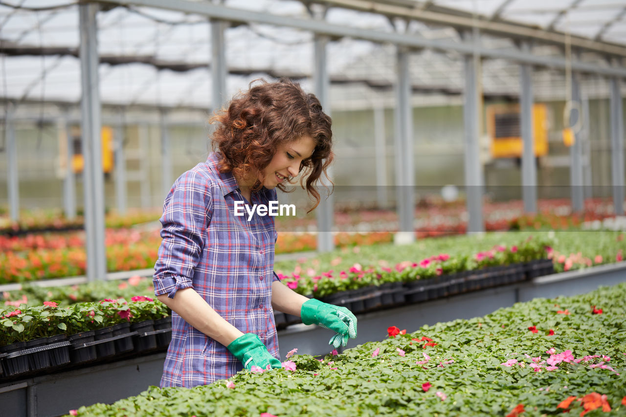 Woman working in greenhouse