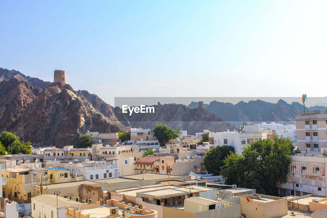 High angle view of townscape against clear sky