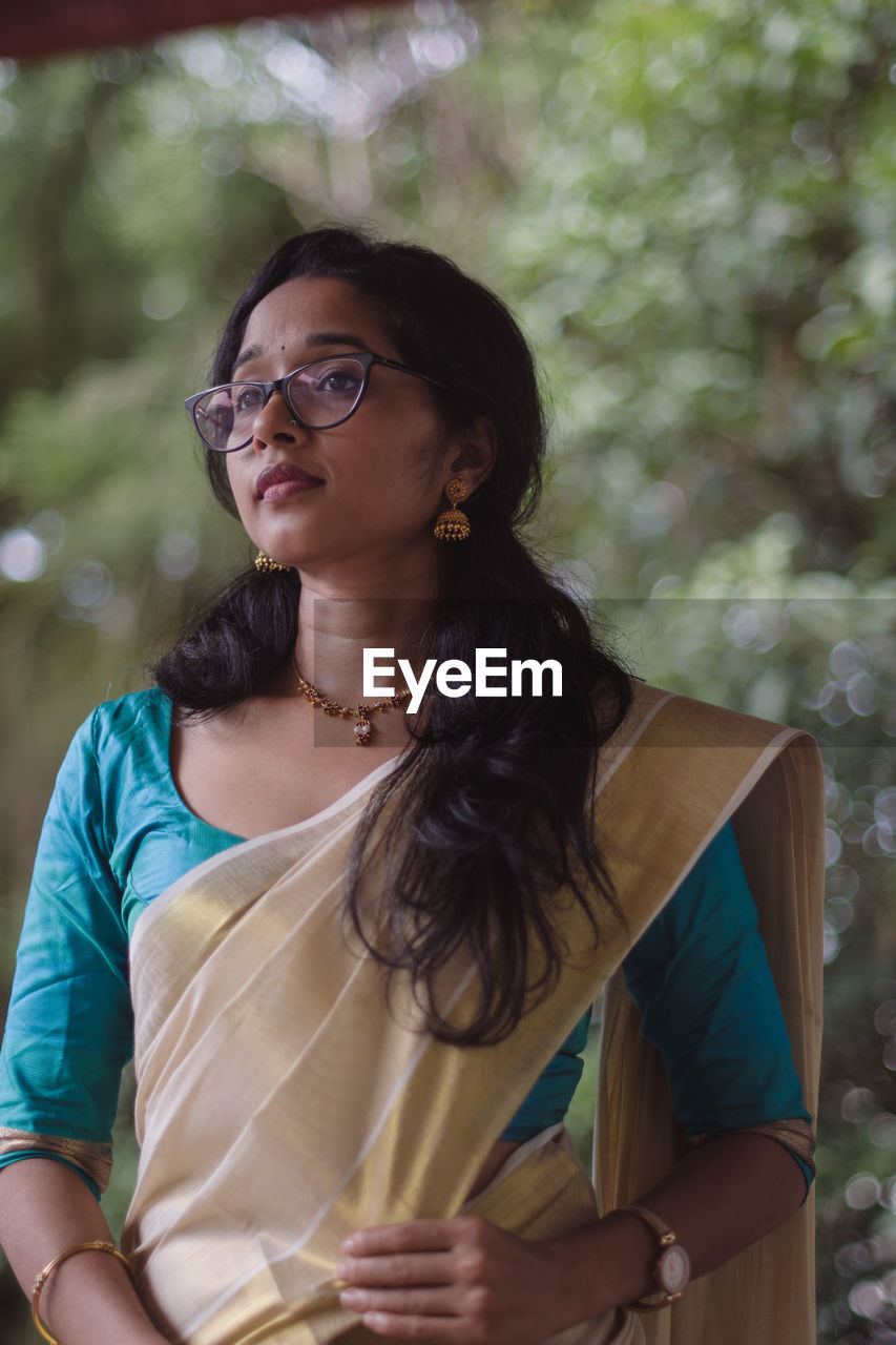 Portrait of a young woman taken during the onam festival.