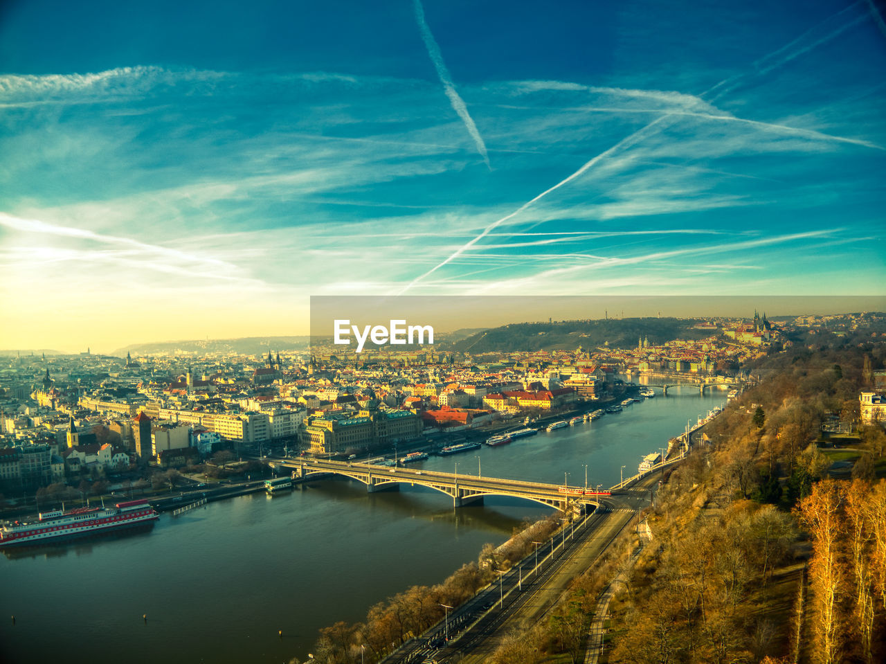 Sunny day drone prague view sky clouds