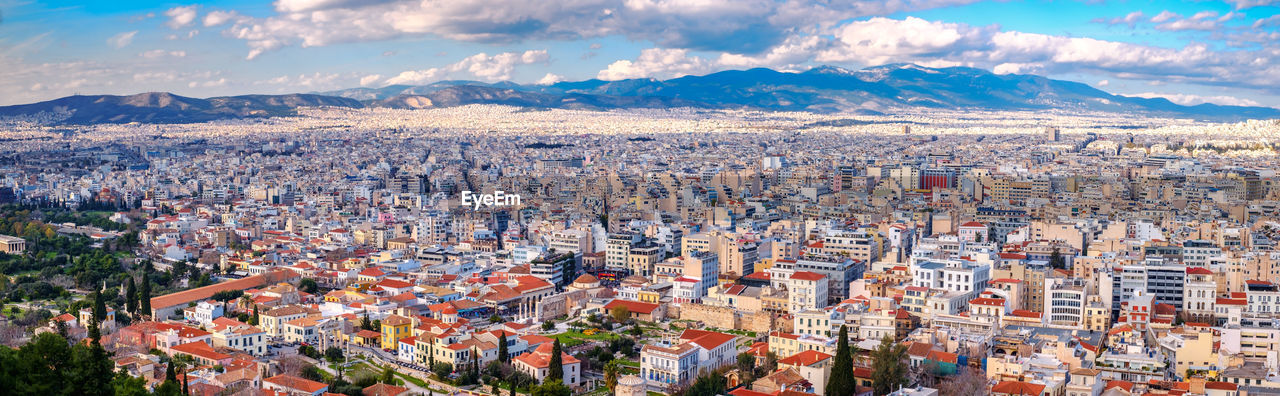Athens, greece - february 13, 2020. panoramic view over the athens city, ancient agora of athens