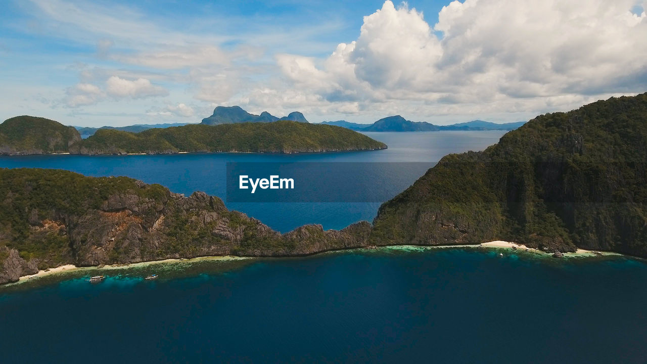 Tropical islands, aerial view. aerial view of sea and the tropical islands. tropical bay in el nido.