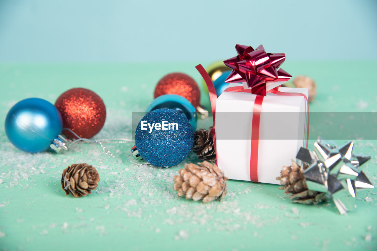 Close-up of christmas decorations on table