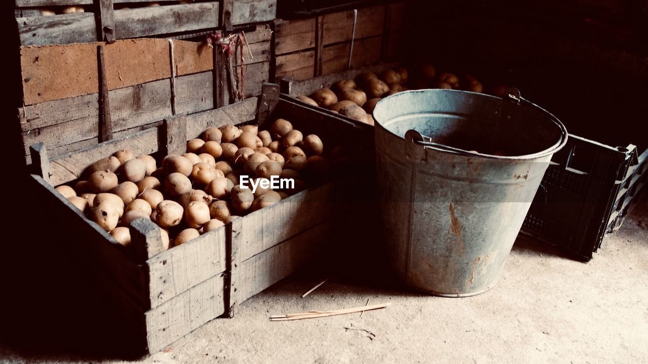 Potatoes in wooden containers