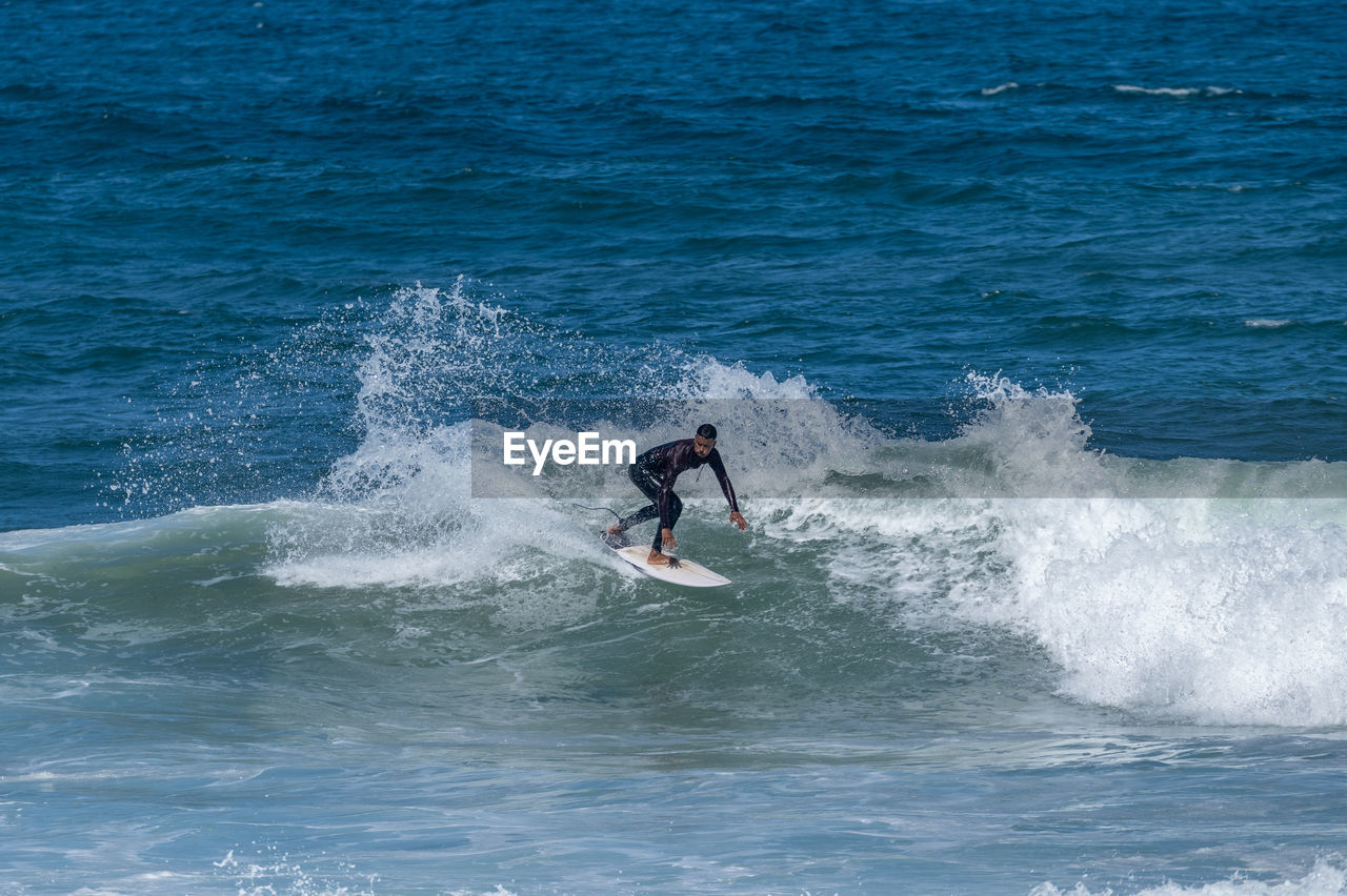 rear view of man surfing in sea