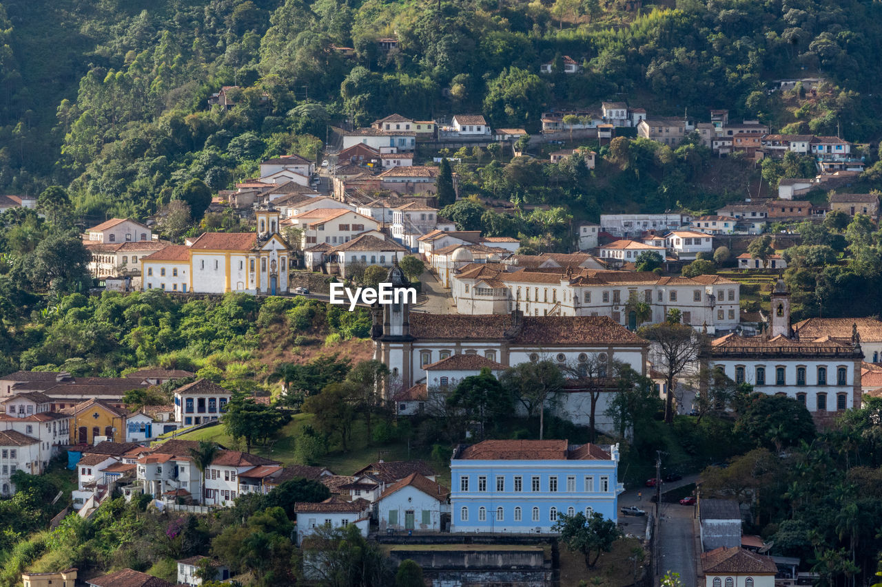 High angle view of buildings in town