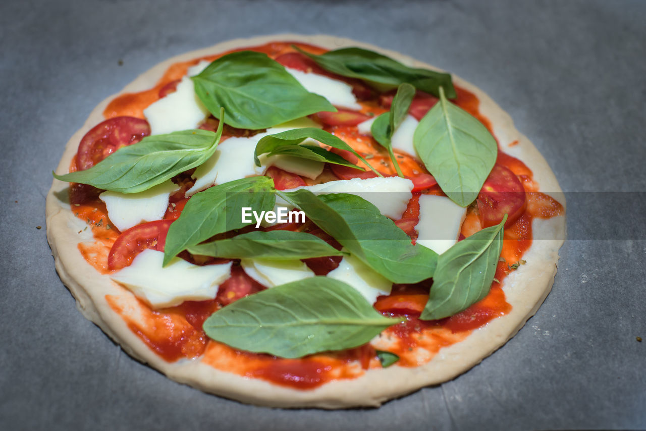 CLOSE-UP OF PIZZA SERVED IN PLATE WITH SPOON