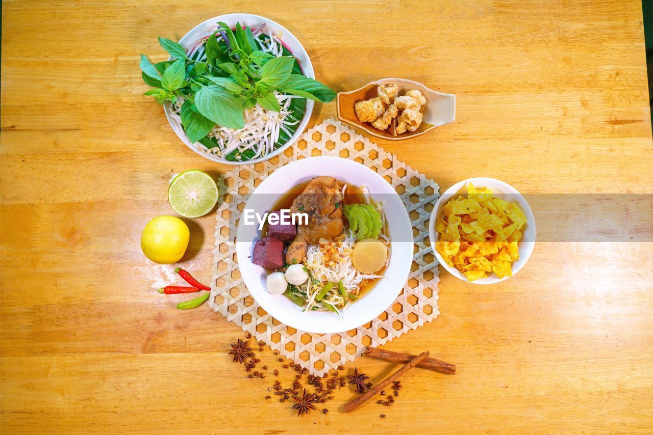 high angle view of food served on table