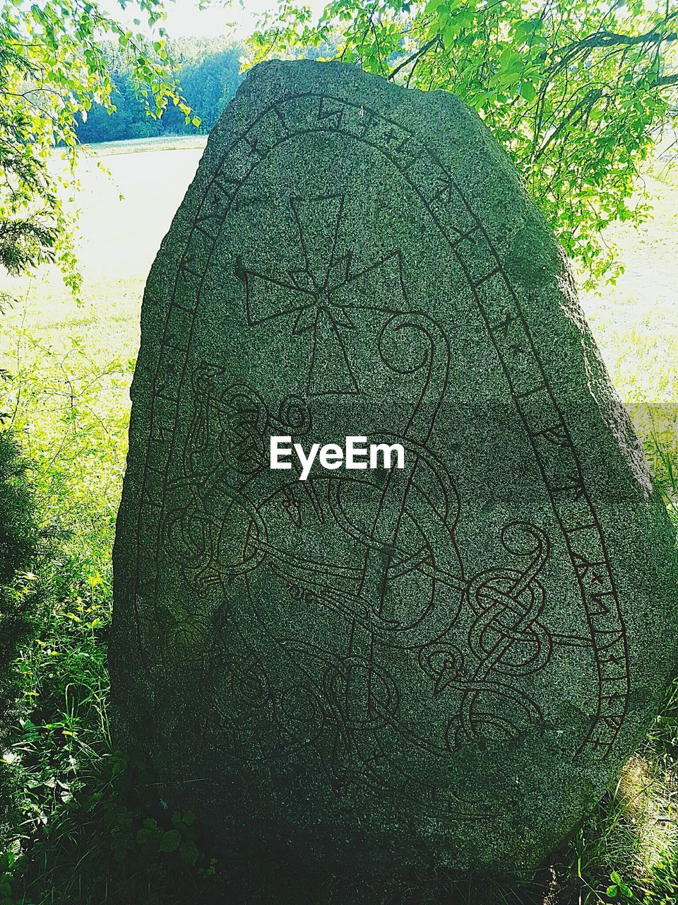 Close-up carved rock on field