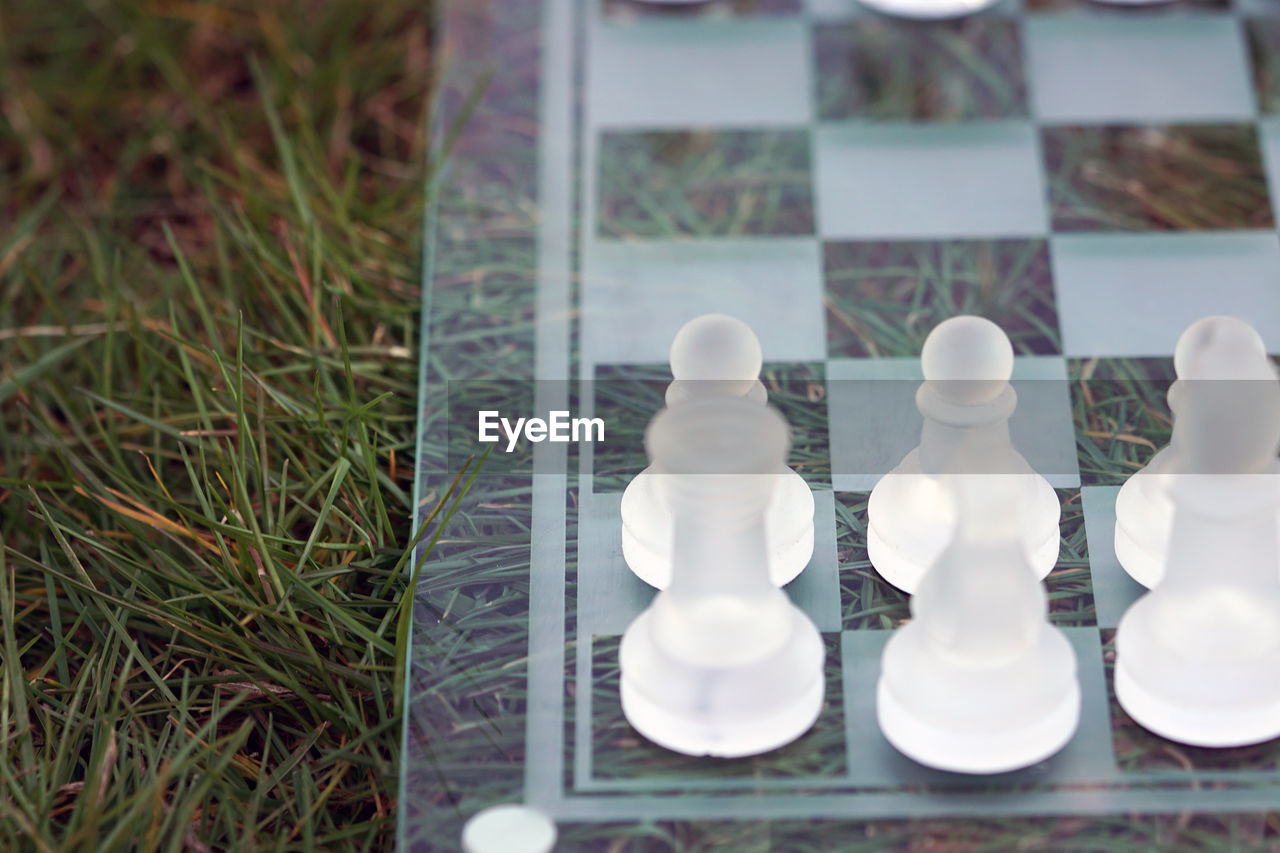 Close-up of chess board on grass