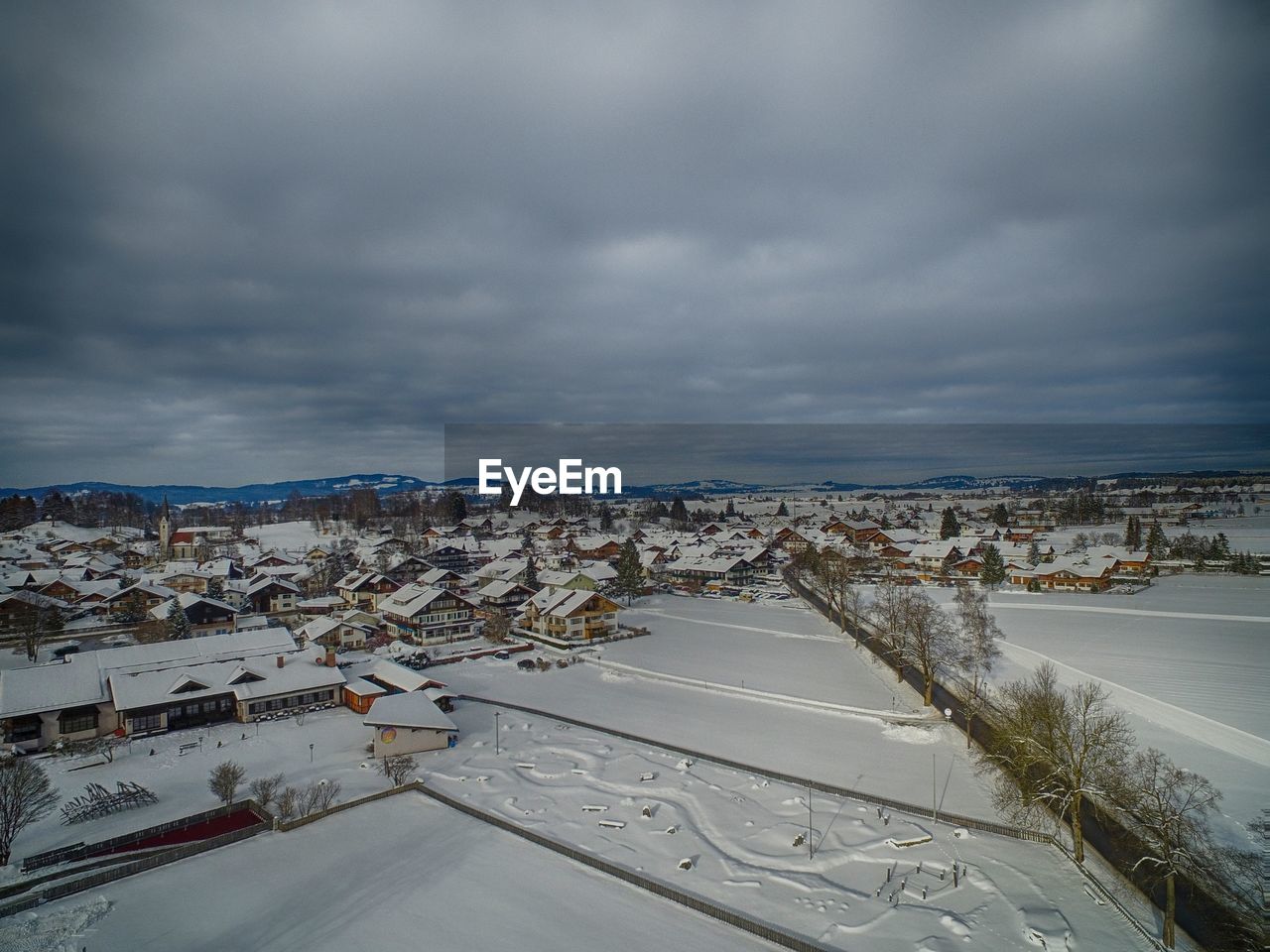 High angle view of cityscape during winter