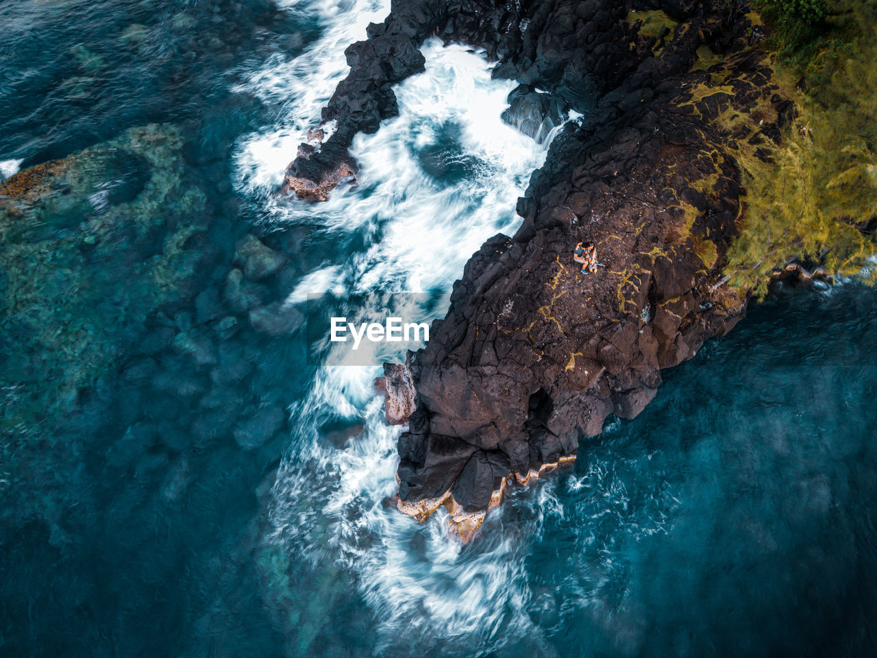High angle view of rock formation in sea. reunion island.