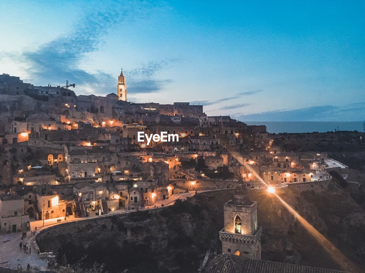 High angle view of illuminated buildings at night