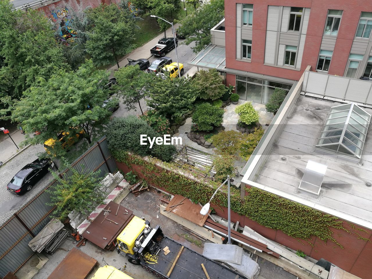 High angle view of street amidst buildings in city