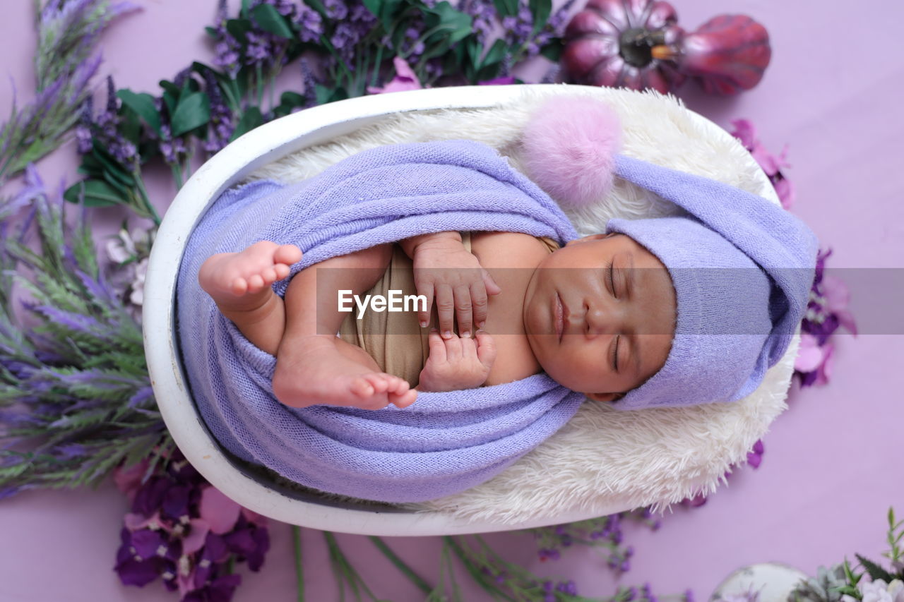 baby, lying down, relaxation, child, eyes closed, one person, sleeping, purple, childhood, toddler, pink, person, wellbeing, nature, newborn, indoors, plant, portrait, innocence, blanket, cute, women, human face, lying on back, headshot, high angle view, lifestyles, emotion, smiling, flower, adult, female, happiness, flowering plant, clothing, babyhood, food, sleep, food and drink, tranquility, resting, lilac, lavender
