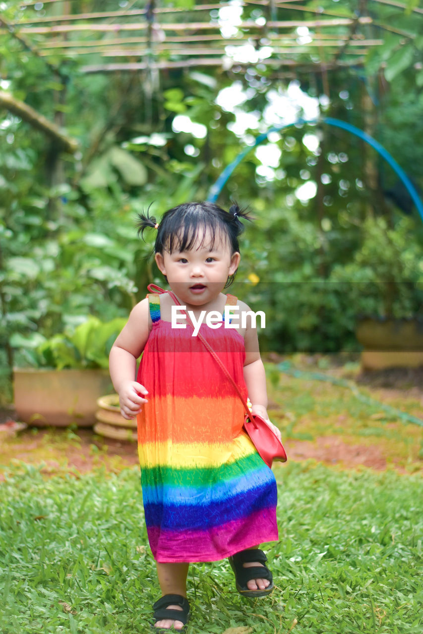 childhood, child, one person, green, plant, toddler, full length, grass, smiling, happiness, cute, person, portrait, nature, front view, female, emotion, innocence, women, baby, clothing, standing, flower, black hair, human face, looking at camera, outdoors, day, casual clothing, lifestyles, fun, dress, cheerful, front or back yard, lawn, leisure activity, spring, yellow, tree, park, holding