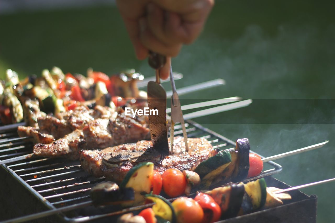 PERSON HOLDING MEAT ON BARBECUE