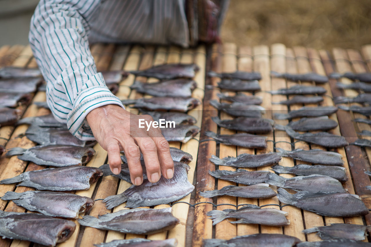 Midsection of man arranging fish on table for sale at market stall