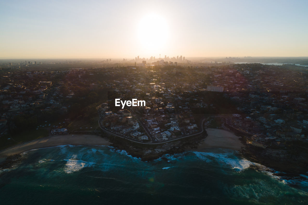 High angle view of cityscape against sky during sunset