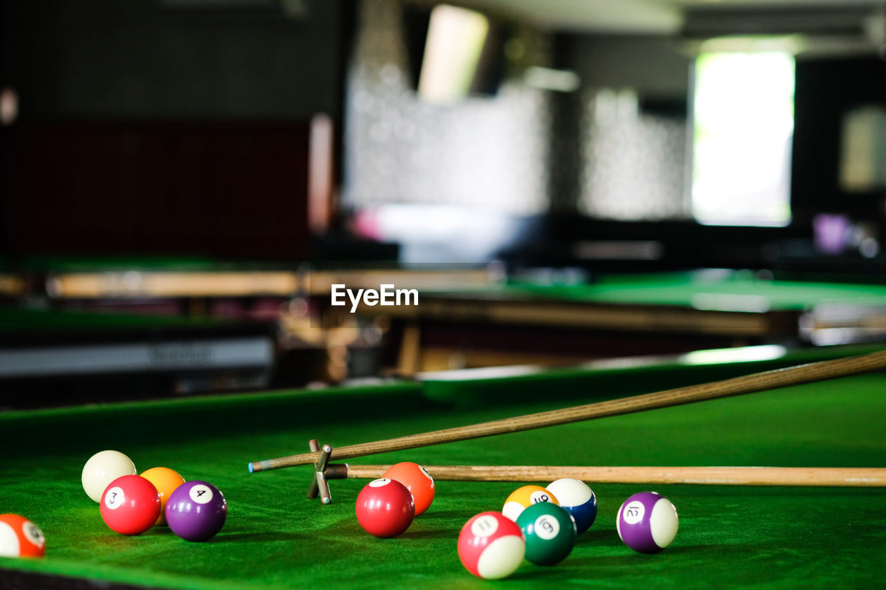 Close-up of balls on pool table