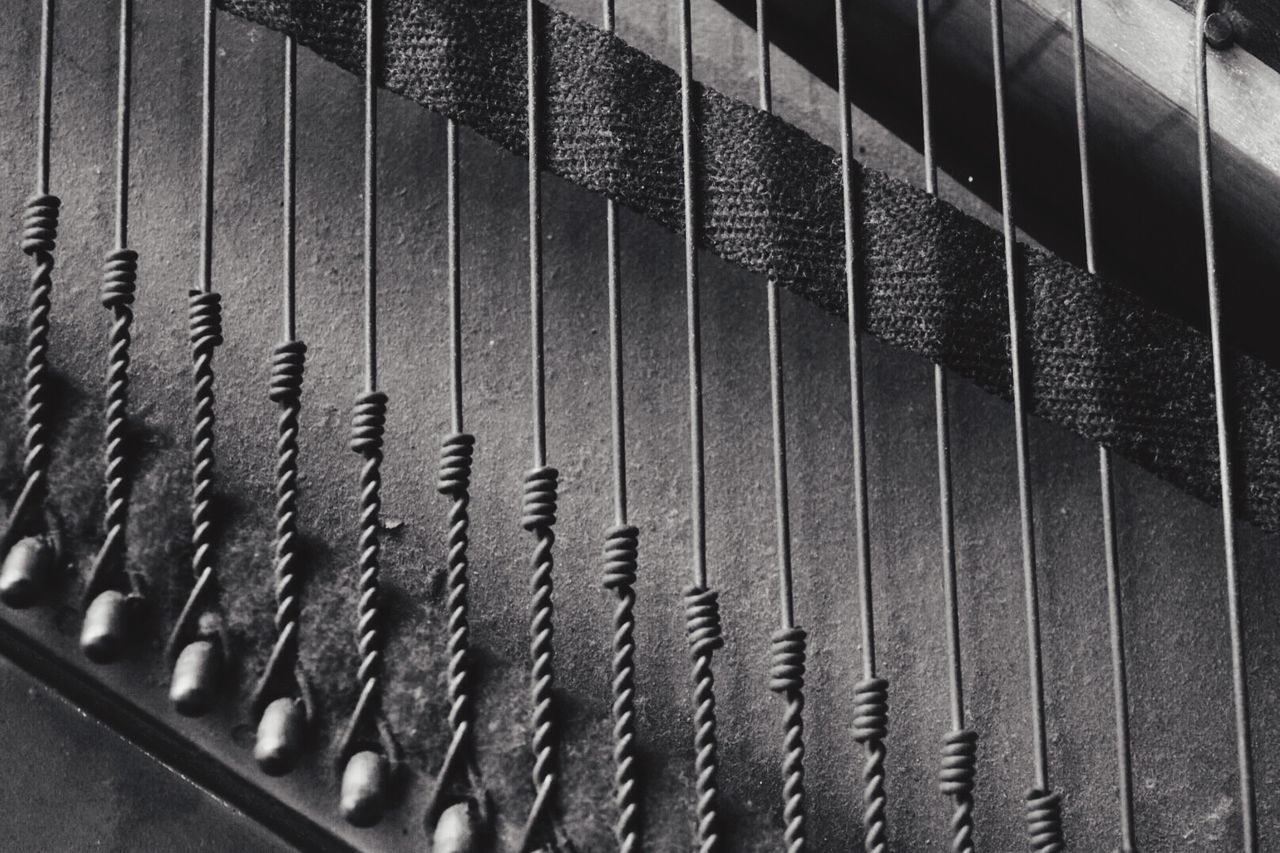 High angle view of strings in piano