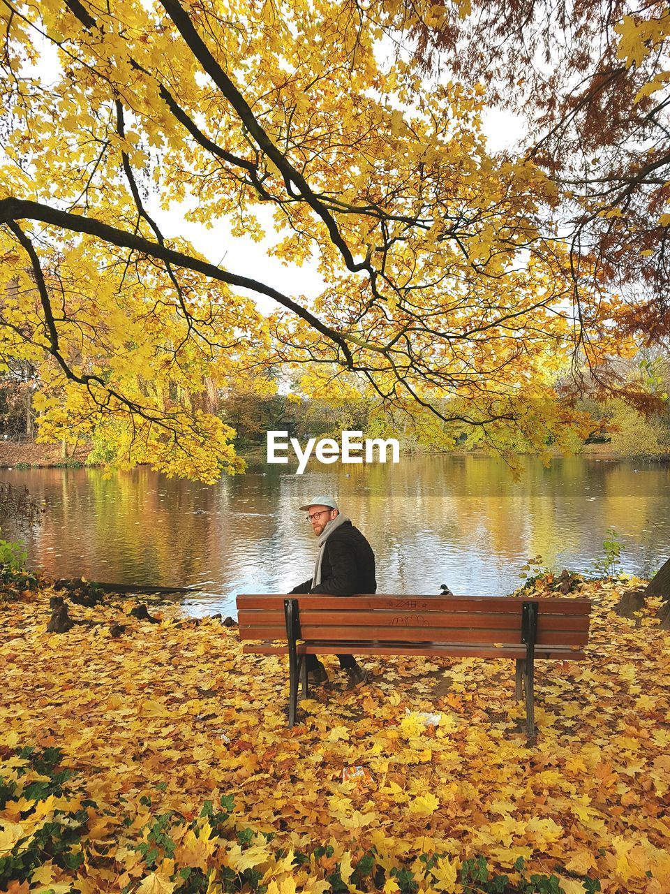 REAR VIEW OF MAN SITTING ON BENCH AT LAKE